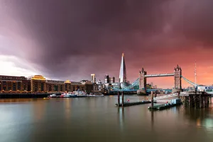 Bascule Bridge Prints: Tower Bridge and The Shard at sunset with storm clouds, London, England, United Kingdom