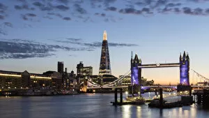 Contrast Collection: Tower Bridge and The Shard at sunset, taken from Wapping, London, England, United Kingdom