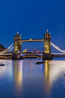 Light Beam Prints: Tower Bridge at sunset with Canary Wharf skyline in background