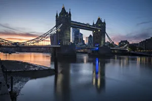 Bascule Bridge Prints: Tower Bridge at sunset reflected in the River Thames, London, England, United Kingdom