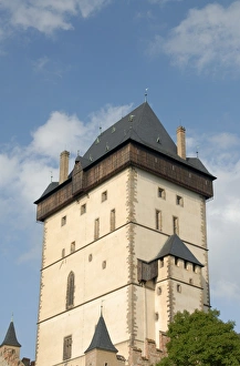 Tower of the Gothic Castle of Karlstejn dating from1348, the most visited castle by tourists in country, village of Karlstejn, Central Bohemia, Czech