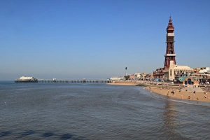 Lancashire Prints: Tower, North Pier and Beach, Blackpool, Lancashire, England, United Kingdom, Europe