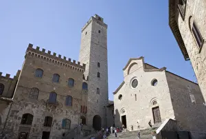 San Gimignano Prints: Tower, Palazzo del Popolo and fa?ade of Duomo in San Gimignano, Tuscany, Italy