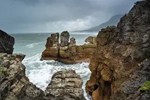 Punakaiki Prints: Towering Limestone Stacks of Pancake Rocks Surrounded by Crashing Waves at Punakaiki