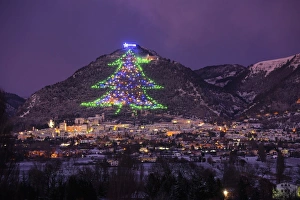 Christmas Decoration Prints: The town and the biggest Christmas Tree of the world, Gubbbio, Umbria, Italy, Europe