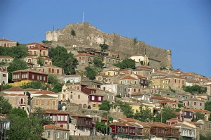 The town and castle on the skyline at Molyvos