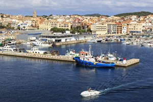 Costa Brava Prints: Town centre, fishing boats and pleasure craft, from the sea, Palamos, Costa Brava