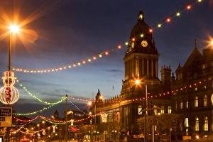 Clock Prints: Town Hall and Christmas lights on The Headrow, Leeds, West Yorkshire, Yorkshire