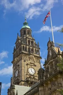 Sheffield Collection: Town Hall Clocktower and Union Jack, Sheffield, South Yorkshire, Yorkshire, England