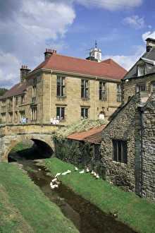 Helmsley Prints: Town hall from stream, Helmsley, North Yorkshire, Yorkshire, England, United Kingdom