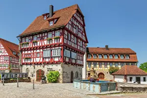 Touristic Prints: Town hall in Vellberg at the market place with traditional architecture and clear sky