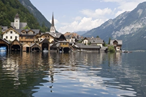 Austrian Prints: Town of Hallstatt with Christuskirche church spire, Hallstatter See, Austrian Lakes