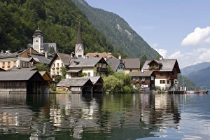 Salzkammergut Prints: Town of Hallstatt, Christuskirche spire, UNESCO World Heritage Site, Hallstatter See