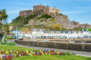 Forts Prints: The town of Mont Orgueil and its castle, Jersey, Channel Islands, United Kingdom, Europe