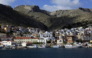 The town of Pothia seen from the sea, Kalymnos island, Dodecanese, Greek Islands