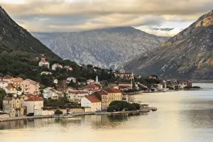 Montenegro Prints: Town on the shores of the stunningly beautiful Bay of Kotor (Boka Kotorska) at sunset