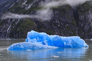 Floating On Water Prints: Tracy Arm Fjord, clearing mist, blue icebergs and cascades, near South Sawyer Glacier