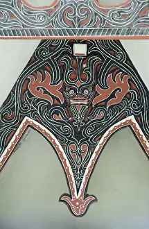 Horns Prints: Detail of traditional Batak tribal painted carving with stylised buffalo horns