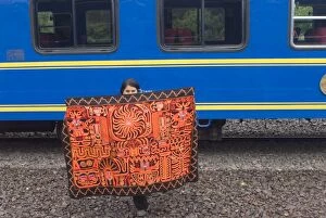 Traditional blanket for sale at train stop on way to Machu Picchu, Peru, South America