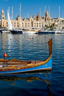 Valletta Prints: Traditional boat moored in Grand Harbour marina at Birgu, Valletta, Malta, Mediterranean