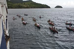 Traditional canoe welcome by the people of Kioa Island, Fiji, South Pacific, Pacific
