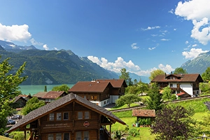 Chalets Prints: Traditional chalets overlooking Lake Brienz, Brienz, Bernese Oberland, Switzerland