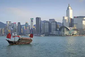 Junk Boat Prints: Traditional Chinese junk boat for tourists on Victoria Harbour, Hong Kong, China, Asia