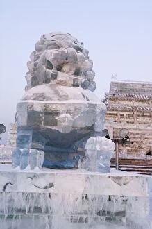 A traditional Chinese lion ice sculptures at the Ice Lantern Festival, Harbin