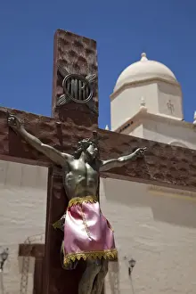 Biblical Event Prints: Traditional colonial church and crucifix in Humahuaca in Jujuy province in the Andes