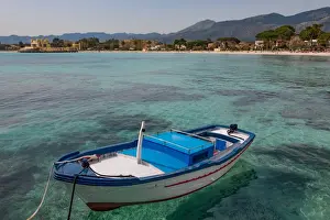 Sicily Prints: Traditional colourful fishing boat moored at the seaside resort of Mondello, Sicily