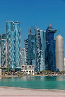 Urban Environment Prints: A Traditional Dhow against the West Bay Skyline, Doha, Qatar, Middle East