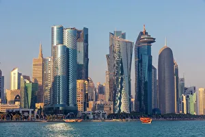 Gulf Prints: A Traditional Dhow against the West Bay Skyline, Doha, Qatar, Middle East