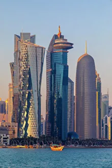 Gulf Prints: A Traditional Dhow against the West Bay Skyline, Doha, Qatar, Middle East