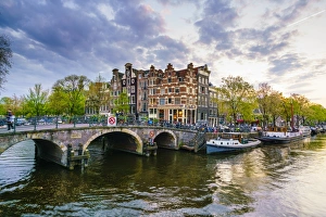 Traditionally Dutch Prints: Traditional Dutch gabled houses and canal, Amsterdam, Netherlands, Europe