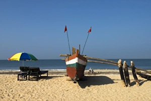 Benaulim Prints: Traditional fishing boat on beach, Benaulim, Goa, India, Asia