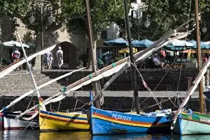 Traditional fis hing boats in harbour, Collioure, Pyrenees -Orientales , Cote Vermeille