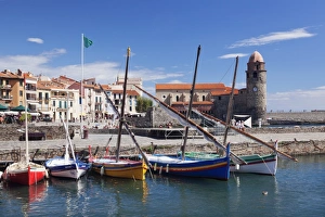 Collioure Prints: Traditional fishing boats at the port, fortress church Notre Dame des Anges, Collioure