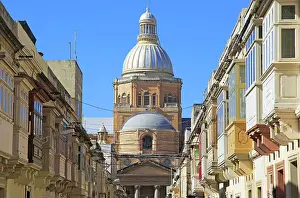 Catholic Prints: Traditional houses with balconies and dome of Paola Parish Church