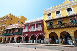 Sidewalk Prints: Traditional houses in the colorful old town of Cartagena, Colombia, South America