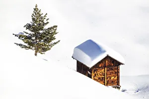 Lombardy Prints: Traditional hut in the winter scenery, Livigno, Valtellina, Lombardy, Italy, Europe