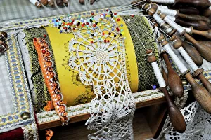 Fabric Prints: Traditional lace making, Le Puy en Velay, Haute-Loire, France, Europe