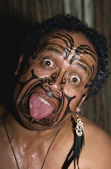 Indigenous Prints: Traditional Maori war paint and tongue out