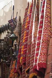 Hung Prints: Traditional Moroccan rugs and lamps, street market, Fez, Morocco, North Africa, Africa
