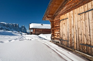Refuge Prints: Traditional mountain hut in Seiser Alm, South Tyrol, Dolomites, Italy, Europe