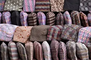 Large Group Prints: Traditional Nepalese hats on sale on a market stall in Kathmandu, Nepal, Asia