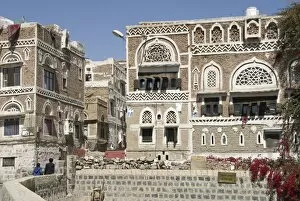 Traditional ornamented brick architecture on houses, Old City, Sana a