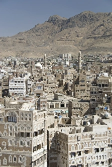 Images Dated 30th January 2008: Traditional ornamented brick architecture on tall houses in Old City, Sana a