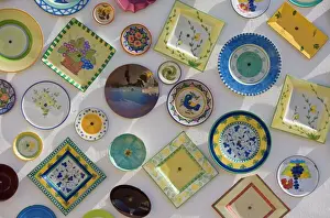 Crafts Prints: Traditional Portuguese pottery at artisan workshop with plates on wall, Cape St
