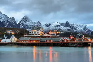 Cabins Prints: Traditional red cabins by the water in Lofoten Islands showcase Norwegian architecture