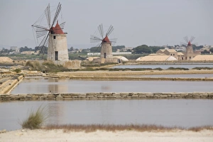 Wind Mills Prints: Traditional sea salt beds and windmills, Mozia, Sicily, Italy, Europe